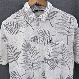 Travis Mathew Polo Mens Large White Gray Leaf/Palms All Over Print Golf Casual